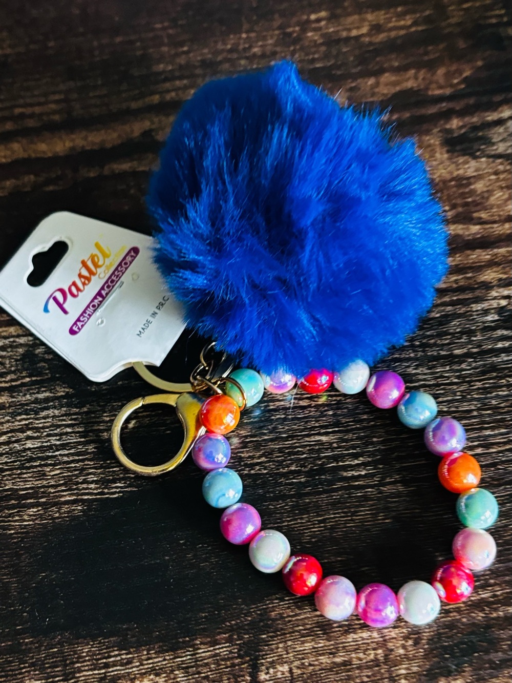 Pastels Bright Blue Pom-Pom Beaded Wrist Keychain